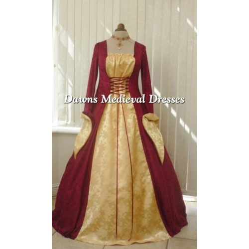 Medieval Gothic Burgundy and Gold Brocade Dress