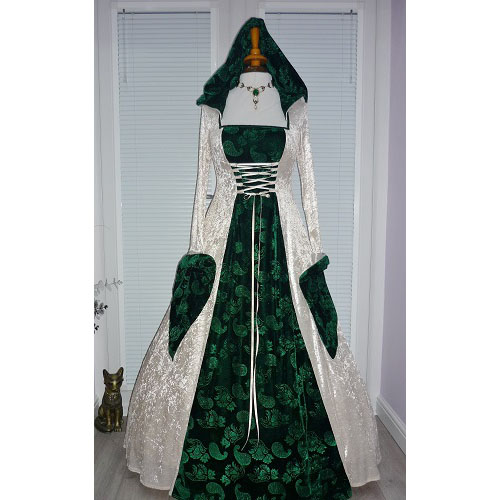 Pagan Celtic Medieval Hooded Wedding Dress Cream Green