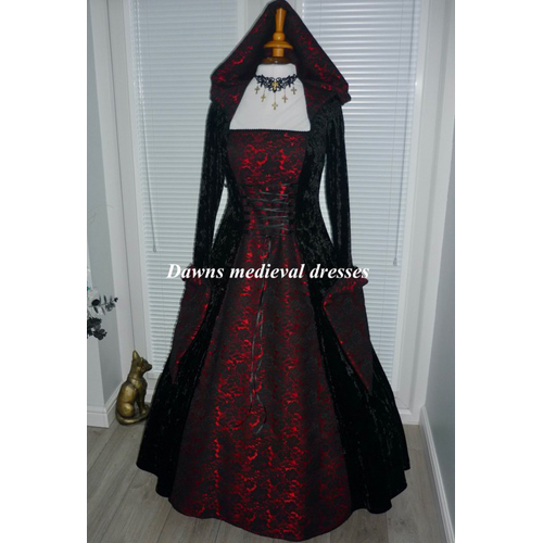 Black & Red Medieval Gothic Hooded Wedding Dress